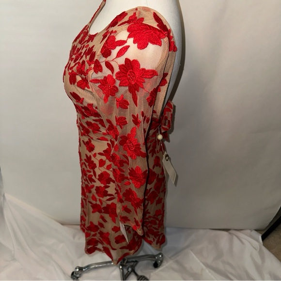 For the Love & Lemons Stretchy Beige Dress with Red Stretchy Lace Small NWT - Picture 3 of 6